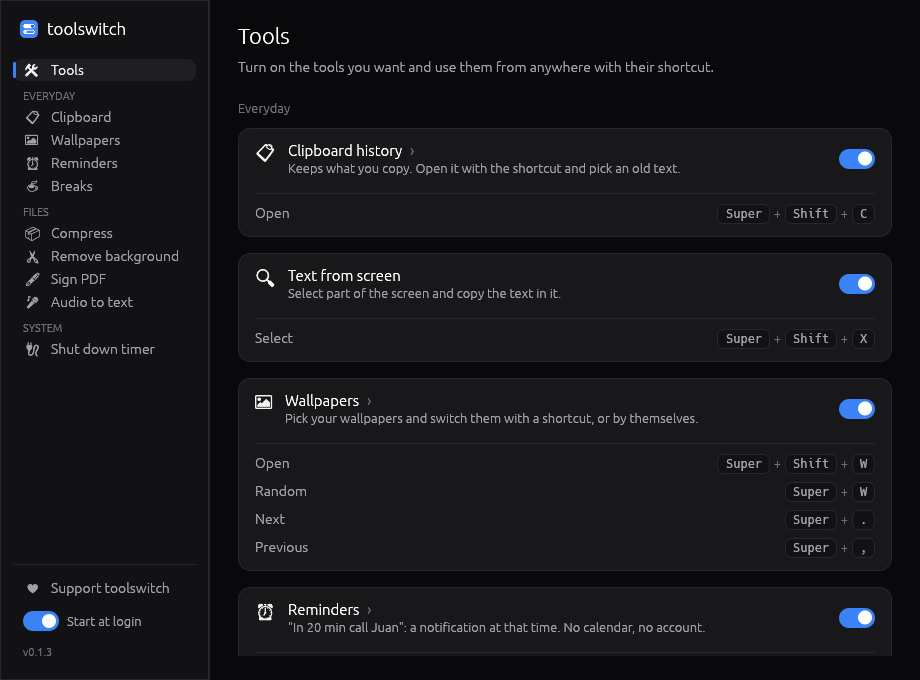 Screenshot of toolswitch: the list of tools with their switches and shortcuts